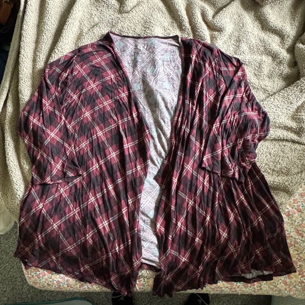 Lane Bryant Burgundy and Gray Plaid Cardigan